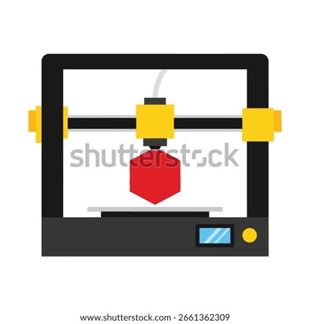 Flat design illustration of a black and yellow 3D printer producing a red hexagonal object with a blue screen.