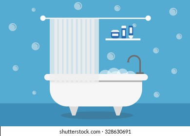 Flat design illustration of blue bathroom. Flat design room interior.