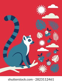 A flat design illustration of a blue ring-tailed lemur perched on a branch, surrounded by stylized tropical leaves, fruits, sun, and clouds against a red background.