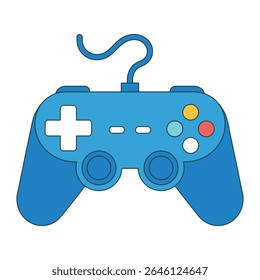 A flat design illustration of a blue video game controller with a wired connection featuring colorful buttons against a white background