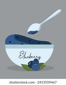 Flat Design Illustration with Blueberry Jam at Plate and Spoon