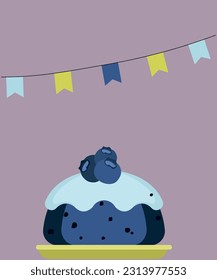 Flat Design Illustration with Blueberry Pudding and Decoration