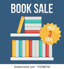 Flat design illustration of book sale with books on the shelf.
