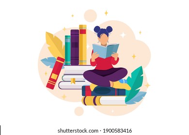 Flat design illustration with books stacks and reading girl, and floral elements. Book reading concept. Library concept. Education Concept. Happy Book Day. Vector illustration