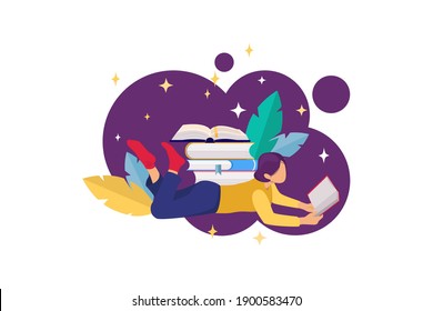 Flat design illustration with books stacks and reading girl, and floral elements. Book reading concept. Library concept. Education Concept. Happy Book Day. Vector illustration