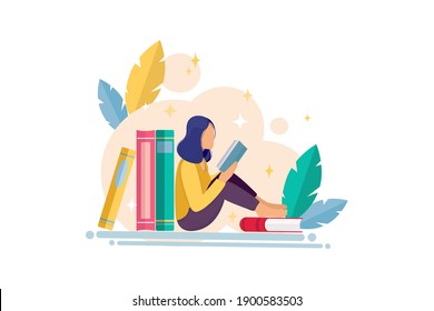 Ilustración de diseño plano con pilas de libros y niña lectora, y elementos florales. Concepto de lectura de libros. Concepto de biblioteca. Concepto de educación. Feliz Día del Libro. Ilustración del vector