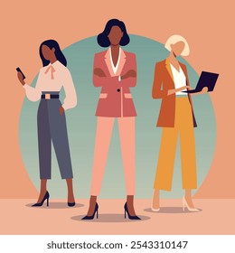 Ilustración de diseño plano de mujeres jefas, mujeres de negocios confiadas en atuendo de Profesional, sosteniendo un teléfono inteligente, una computadora portátil y posando con autoridad. Arte vectorial que representa el liderazgo