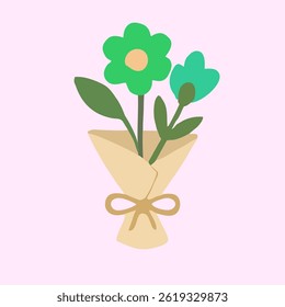 Flat design illustration of a bouquet featuring cream and light blue flowers wrapped in beige paper. Suitable for wedding invites, greeting cards, and springtime designs.