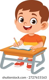 Flat design illustration of a boy character writing in a book while studying. The character appears focused and engaged in learning, making it suitable for children’s education content, school materials, homework themes, learning apps, classroom presentations, posters, websites, and kid focused designs. Clean shapes and solid colors give a modern visual style ideal for storytelling, study activities, literacy concepts, and childhood related educational projects.