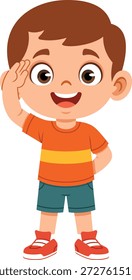 Flat design illustration of a boy character giving a salute gesture. The character looks friendly and respectful, making it suitable for children’s education content, school materials, learning apps, presentations, posters, websites, and kid focused designs. Clean shapes and solid colors create a modern and simple visual style ideal for storytelling, educational themes, manners, respect, and childhood related projects.