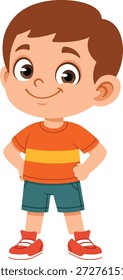 Ilustração de design plano de um personagem menino em pé em uma pose orgulhosa e confiante. O personagem parece positivo e seguro de si mesmo, tornando-se adequado para conteúdo educacional infantil, materiais escolares, aplicativos de aprendizagem, apresentações, cartazes, sites e designs focados nas crianças. Formas limpas e cores sólidas criam um estilo visual moderno e simples ideal para contar histórias, motivação, temas de construção de confiança e projetos relacionados à infância.