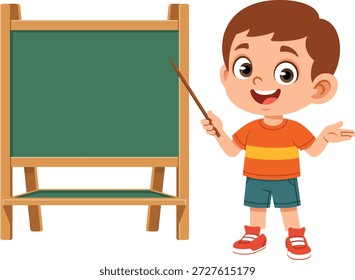 Flat design illustration of a boy character pointing to a board in a teaching or explaining pose. The character looks confident and engaged, making it suitable for children’s education content, classroom materials, learning apps, school presentations, posters, websites, and kid focused designs. Clean shapes and solid colors give a modern visual style ideal for storytelling, teaching concepts, lesson explanations, and childhood related educational projects.
