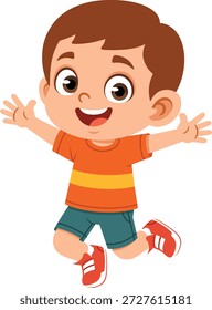 Flat design illustration of a boy character jumping in a happy and energetic pose. The character looks playful and full of movement, making it suitable for children’s education content, school materials, learning apps, presentations, posters, websites, and kid focused designs. Clean shapes and solid colors create a modern visual style ideal for storytelling, playtime themes, physical activity concepts, and childhood related projects.