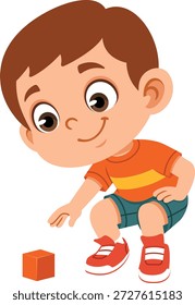 Flat design illustration of a boy character squatting while picking up an item from the ground. The character looks active and focused, making it suitable for children’s education content, school materials, learning apps, presentations, posters, websites, and kid focused designs. Clean shapes and solid colors create a modern visual style ideal for storytelling, daily activities, movement concepts, responsibility themes, and childhood related projects.