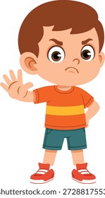 Ilustración de diseño plano de un personaje masculino haciendo un gesto de parada o precaución con su mano. Esta pose representa la advertencia, la conciencia de seguridad y la prevención de accidentes, lo que la hace adecuada para el contenido educativo de los niños, los materiales de seguridad escolar, las campañas de seguridad vial, los carteles de sensibilización, los App del aprendizaje y la comunicación enfocada en los niños. El estilo de ilustración plana limpia y el lenguaje corporal claro ayudan a comunicar mensajes de precaución de manera efectiva para imágenes de educación moderna, Sitios web, presentaciones y personajes de mascotas.