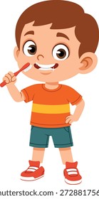 Ilustración de diseño plano de un personaje de niño cepillándose los dientes. Esta pose representa la higiene dental, la limpieza, los hábitos saludables y las rutinas diarias, lo que la hace apta para el contenido educativo de los niños, los materiales de salud escolar, las campañas de higiene, las imágenes de concienciación sobre la seguridad, los App del aprendizaje, los carteles y la comunicación enfocada en los niños. El estilo simple de ilustración plana y el carácter amigable ayudan a comunicar claramente las rutinas de cuidado oral para los diseños modernos de educación, Sitios web, presentaciones y personajes de mascotas.