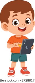 Ilustração de design plano de um personagem menino segurando um dispositivo tablet. Essa pose representa aprendizagem digital, educação on-line, uso de tecnologia e atividades modernas de estudo, tornando-a ideal para conteúdo educacional infantil, plataformas de e-learning, materiais escolares, aplicativos, sites, apresentações e visuais de narrativa. O estilo de ilustração plano limpo e design de caráter amigável torná-lo adequado para projetos de educação focada para crianças, visuais de sala de aula moderna e materiais de aprendizagem temáticos de tecnologia.