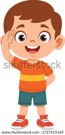 Flat design illustration of a boy character giving a salute gesture. The character looks friendly and respectful, making it suitable for children’s education content, school materials, learning apps, presentations, posters, websites, and kid focused designs. Clean shapes and solid colors create a modern and simple visual style ideal for storytelling, educational themes, manners, respect, and childhood related projects.