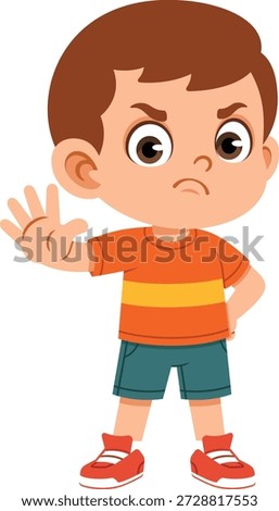 Flat design illustration of a boy character making a stop or caution gesture with his hand. This pose represents warning, safety awareness, and accident prevention, making it suitable for children’s educational content, school safety materials, road safety campaigns, awareness posters, learning apps, and kid focused communication. The clean flat illustration style and clear body language help communicate caution messages effectively for modern education visuals, websites, presentations, and mascot characters.