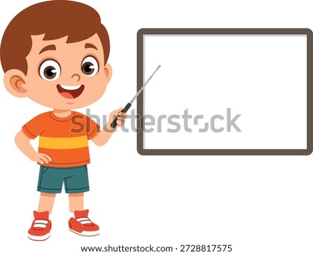 Flat design illustration of a boy character giving a presentation using a pointer stick. The character appears confident and focused while explaining a concept, making it suitable for children’s education content, classroom materials, learning apps, school presentations, posters, websites, and kid focused designs. Clean shapes and solid colors give a modern visual style ideal for teaching visuals, lesson explanations, storytelling, and childhood related educational projects.