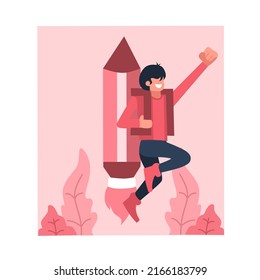 ilustración de diseño plano de un niño con una bolsa para cohetes. concepto de diseño del espíritu de perseguir ideales