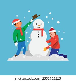 Flat design illustration of a boy and girl building a snowman in a snowy winter setting. Ideal for holiday cards, winter-themed projects, and festive designs, perfect for digital and print use.