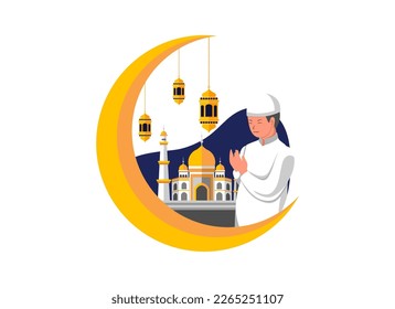 Flat Design Illustration of a Boy Praying with Mosque and Crescent Moon Elements