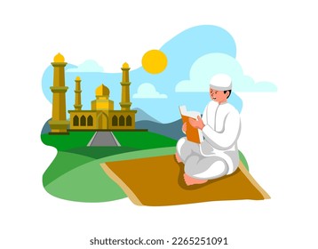 Flat Design Illustration of a Boy Reading Quran with Mosque Background