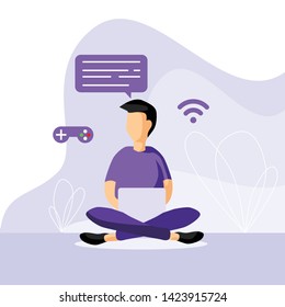 flat design illustration of boy sitting on the floor with laptop and internet icon