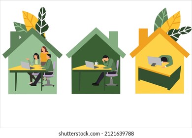 flat design illustration brainstorming idea for business solution concept set  think hard to complete the project deadline  work fatigue  work from home  build start  up company 