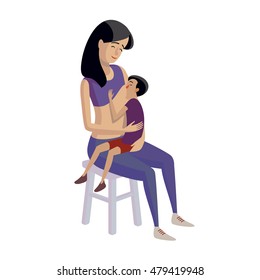 Flat design illustration of breastfeeding concept. Colorful cartoon character mother feeding baby. Lactation and free breastfeeding wherever you are