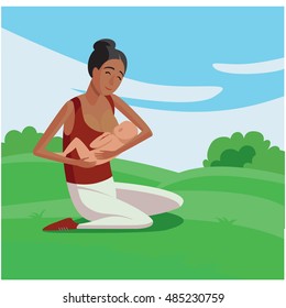 Flat design illustration of breastfeeding concept. Colorful cartoon character mother feeding baby. Lactation and free breastfeeding wherever you are