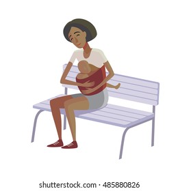 Flat design illustration of breastfeeding concept. Colorful cartoon character mother feeding baby. Lactation and free breastfeeding wherever you are