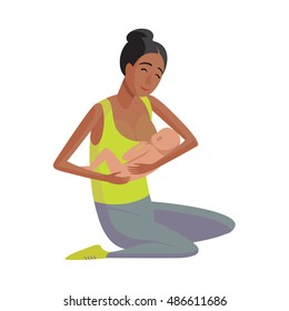 Flat design illustration of breastfeeding concept. Colorful cartoon character mother feeding baby. Lactation and free breastfeeding wherever you are