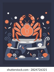 A flat design illustration of a bright orange crab on a rocky surface, surrounded by shells and confetti.