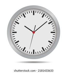 Ilustración de diseño plano de un reloj de pared brillante. Diferencia redonda con minuto, hora y segunda manos y centro rojo - vector