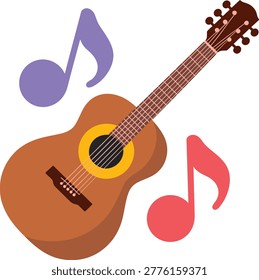 A flat design illustration of a brown acoustic guitar with six strings and a yellow soundhole accent. Three stylized musical notes, two purple and one pink, float around the guitar. The image is set against a clean white background, making the musical elements stand out.
