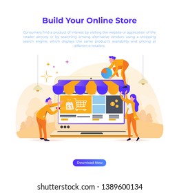 Flat design illustration to build online store for e-commerce