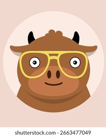 Flat Design Illustration with Bull Face Wearing Glasses