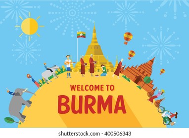 Flat design, Illustration of Burma landmarks and icons