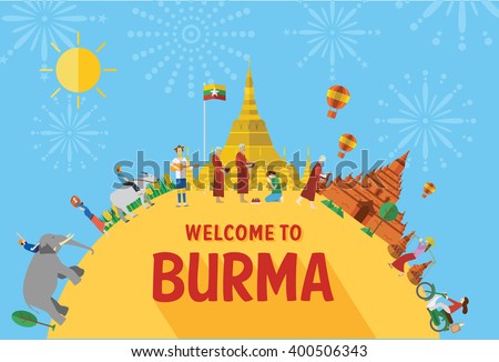 Flat design, Illustration of Burma landmarks and icons