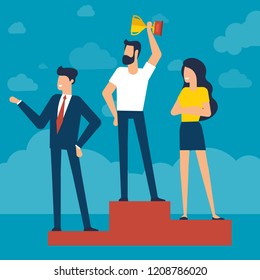 Flat design illustration of business competition winner. Man standing on the podium on the first place with award.