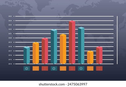 Flat Design Illustration of Business Fluctuation Bar Chart Diagram Statistic Data with World Map Background