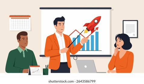 Flat Design Illustration of Business Meeting with Three Adults Discussing Rocket Growth on Line Graph Presentation in Modern Office Setting