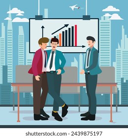 flat design illustration of business men meeting and partnering business people with a background of tall buildings and company charts