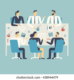 Flat design illustration business people working, meeting in an office.