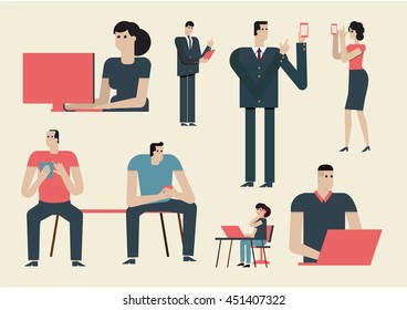 Flat design illustration business people use mobile phone to communicate. Communications Social Media.