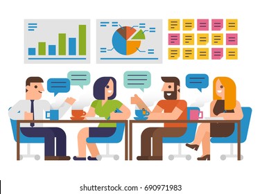 Flat design illustration business people working, meeting in an office.