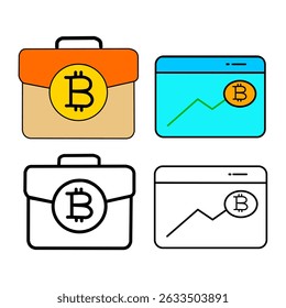 Flat design illustration of business portfolio icons and investment graphs with Bitcoin symbols. Perfect for cryptocurrency, digital assets, financial apps, blockchain, fintech, and modern trading 