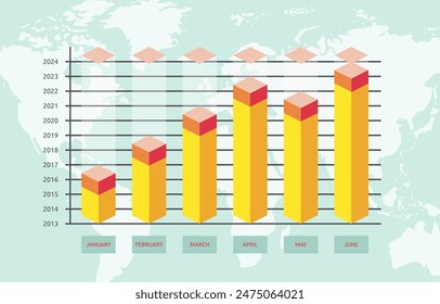 Flat Design Illustration of Business Success Growth Bar Chart Diagram Statistic Data with World Map Background